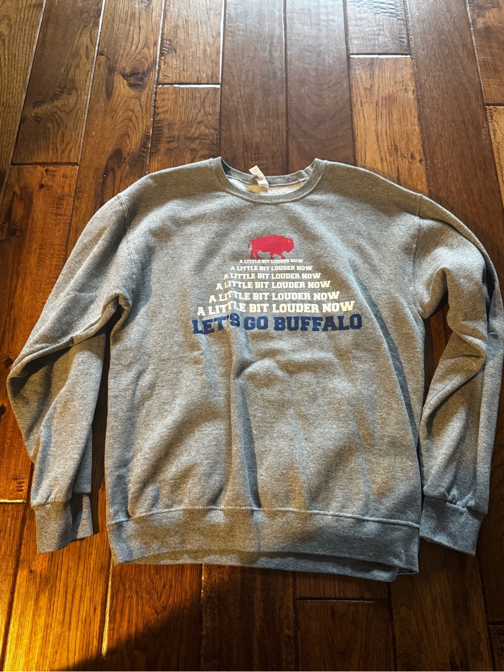 Gildan Gray Crewneck Sweatshirt with Blue and Red Buffalo Graphic